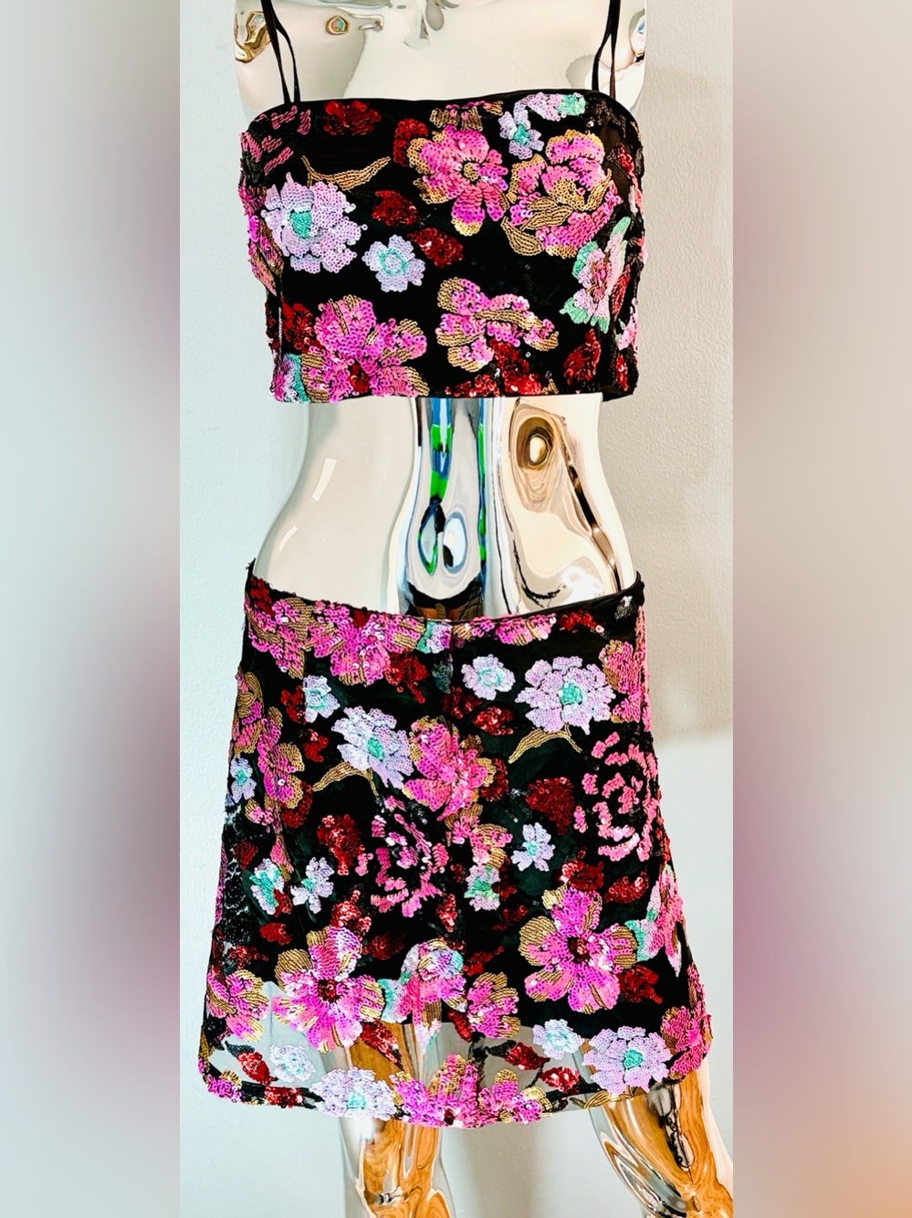 12th Tribe Black Sequin skirt n top with Pink, Red & Gold Floral Embroidery M